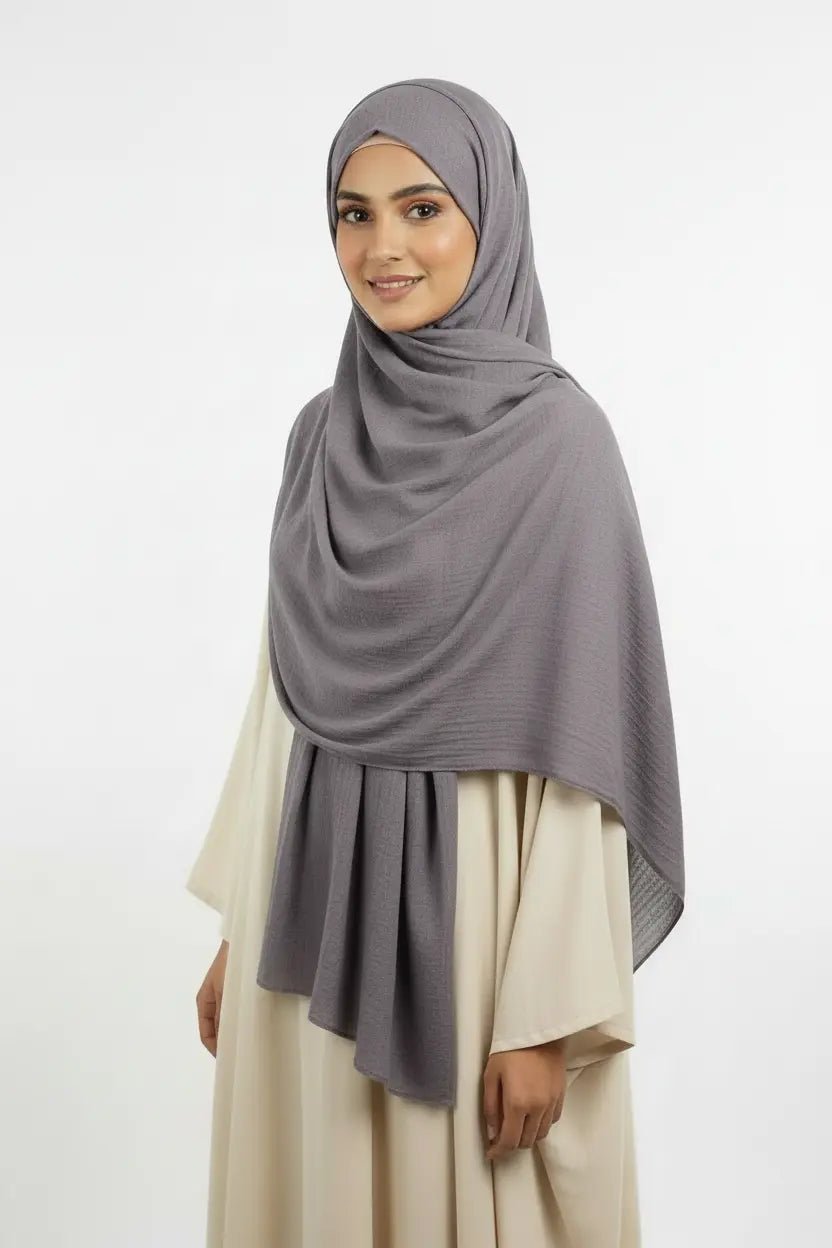 Cotton Crinkle Hijab - Premium - Greyish - Purple - Tuhfa