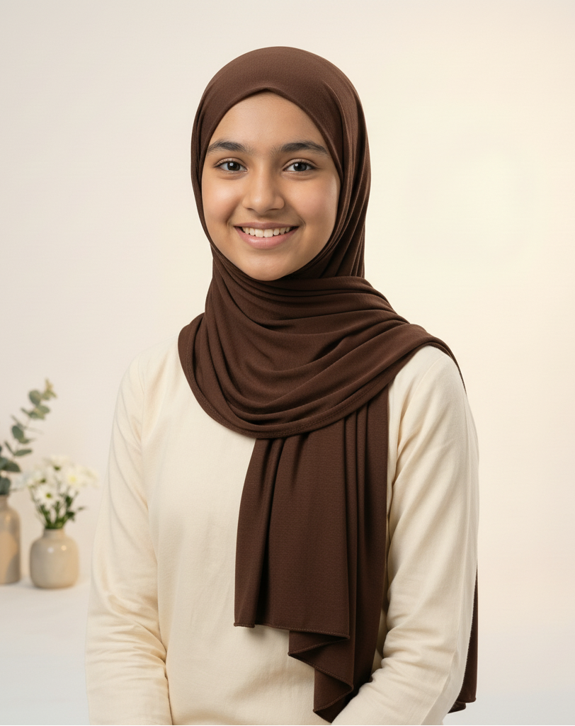 Dark brown chocolate jersey hijab with coordinating dress