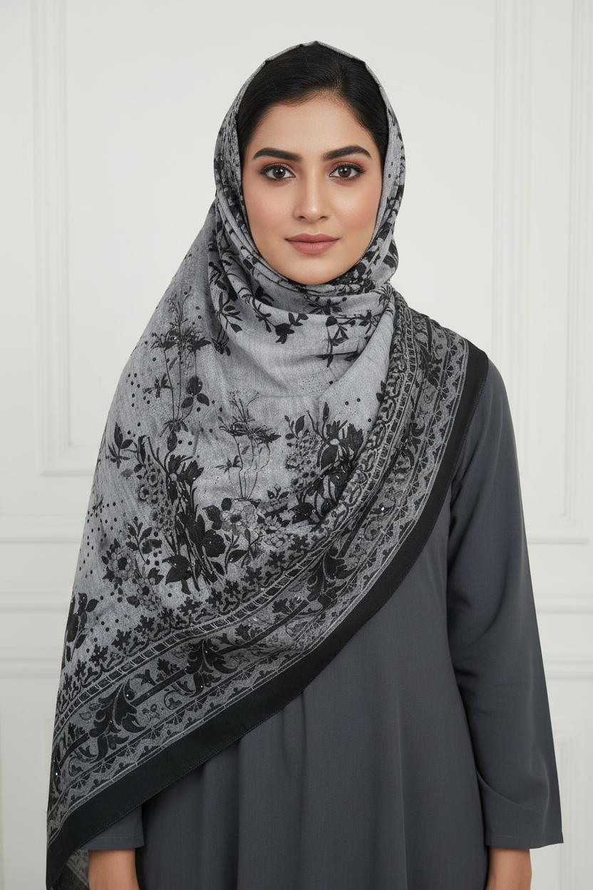 Grey hijab with black embroidery and coordinating dress