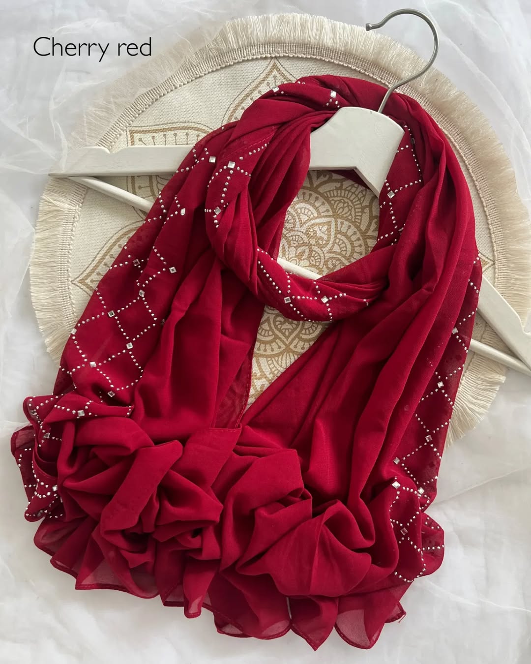 Heavy Chiffon Crystal Stone Hijab - Cherry Red - Tuhfa