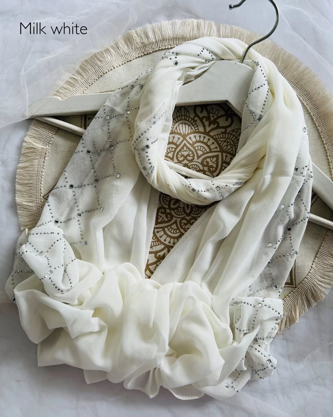 Heavy Chiffon Crystal Stone Hijab - Milk White - Tuhfa
