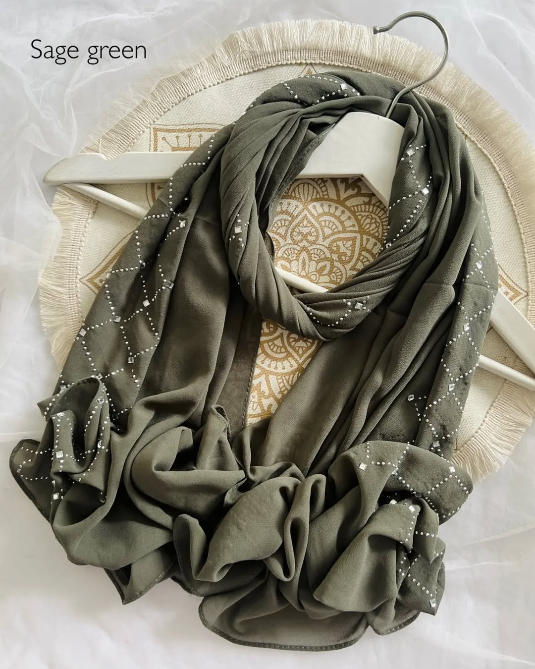 Heavy Chiffon Crystal Stone Hijab - Sage Green - Tuhfa