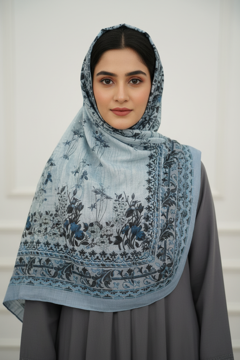 Light blue grey embroidered hijab with coordinating dress