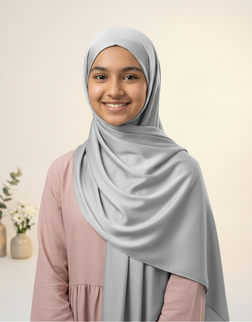 Light gray/white hijab with complementary dress