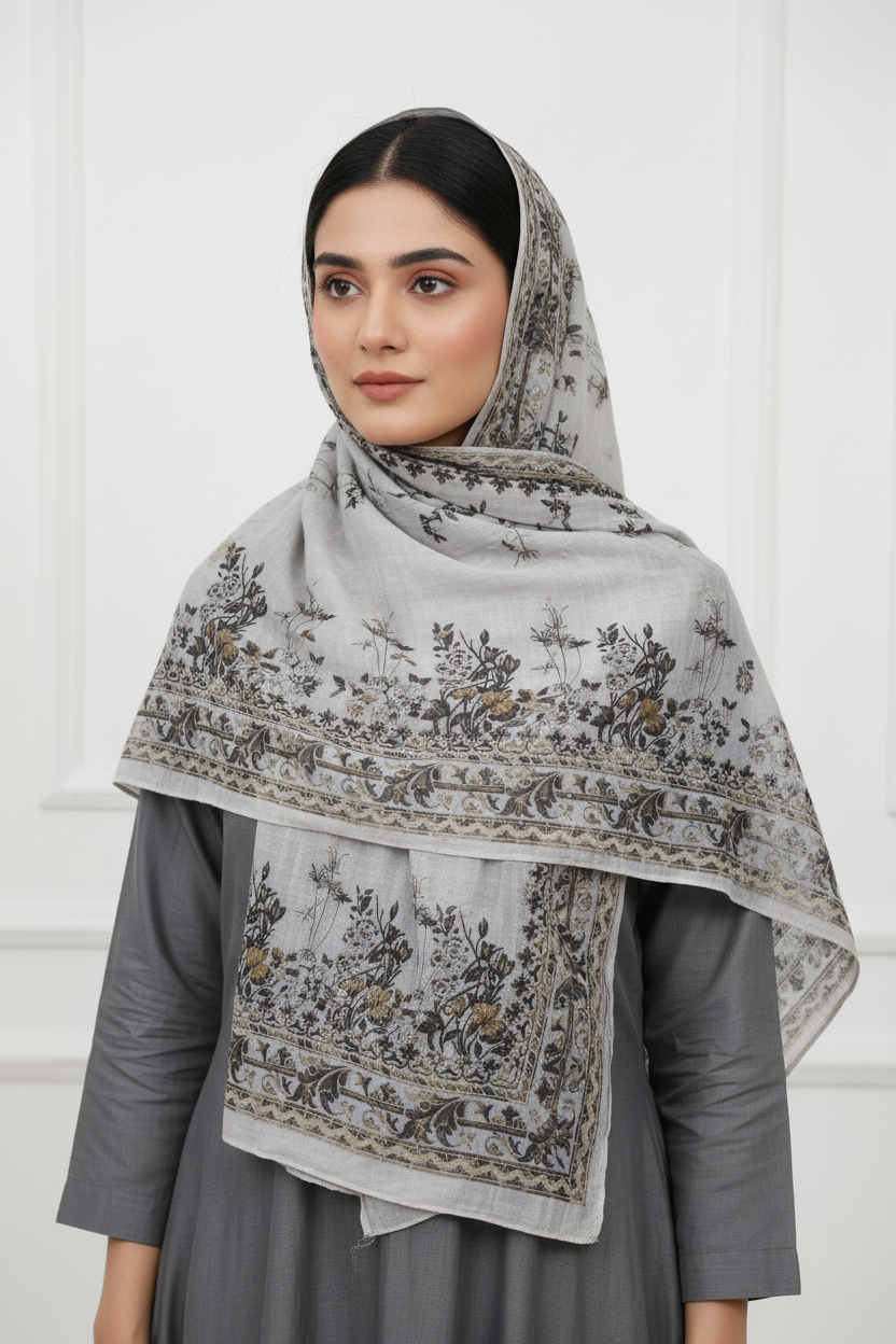 Light grey silver embroidered hijab with coordinating dress