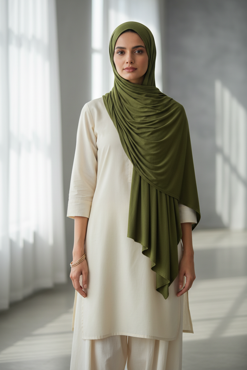 Olive Green Jersey Hijab with casual Indian wear
