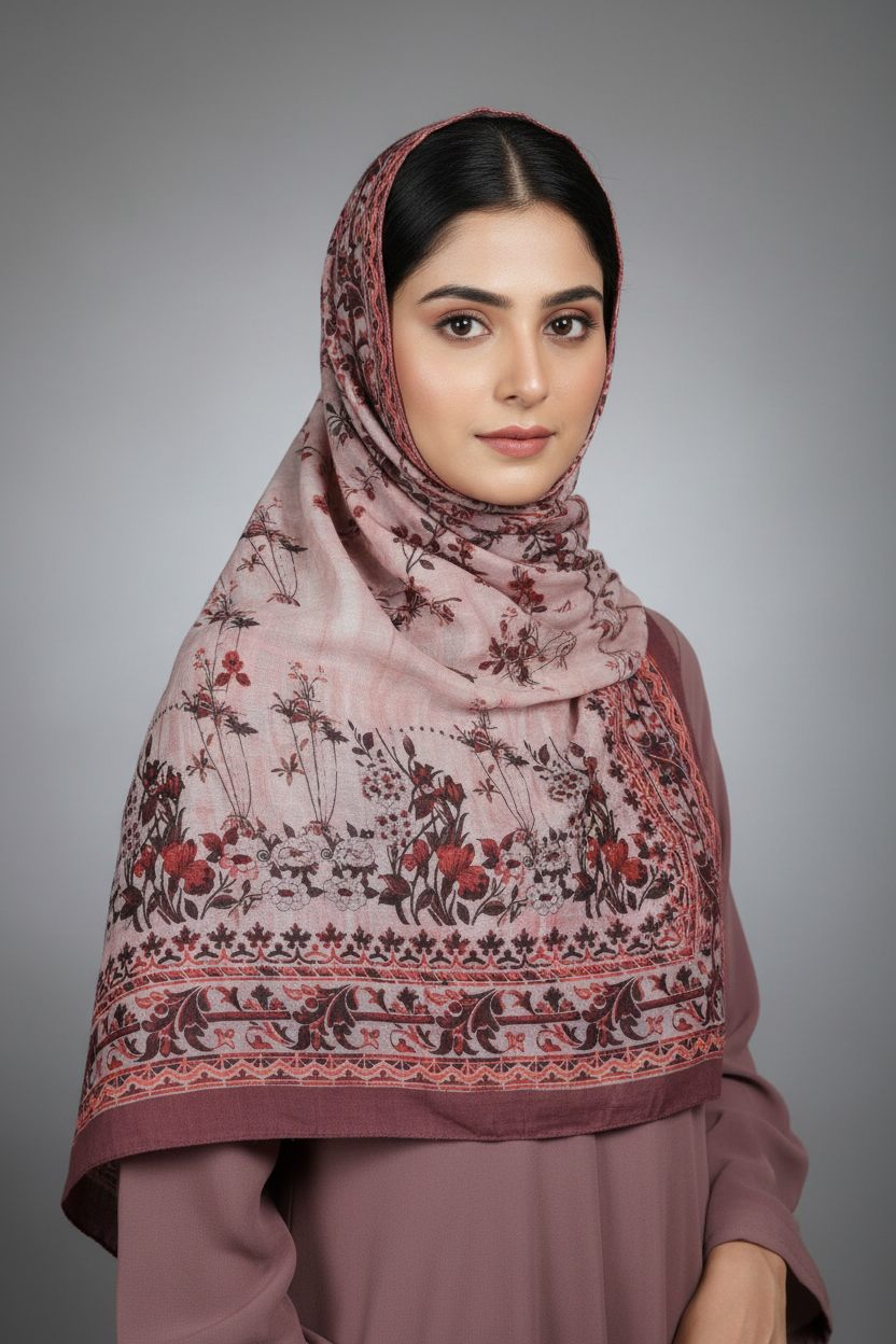 Pink mauve embroidered hijab with coordinating dress