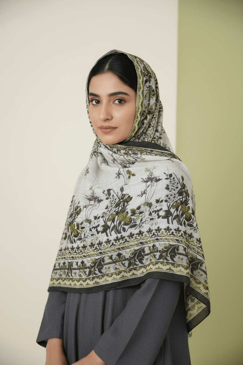 Premium Cotton Hijab with Stones - Olive - Green - Tuhfa