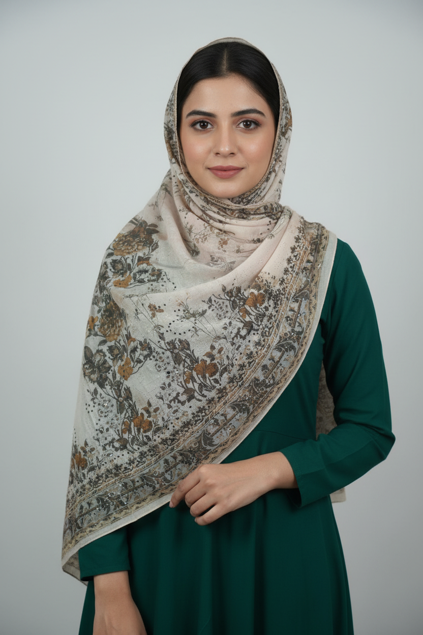 Premium embroidered hijab with flat border and stones