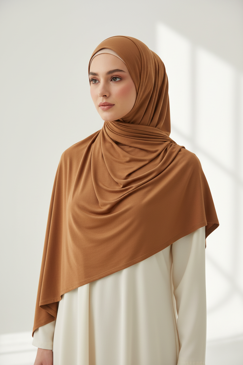 Professional model wearing 2M Modal Jersey Hijab in Caramel Brown