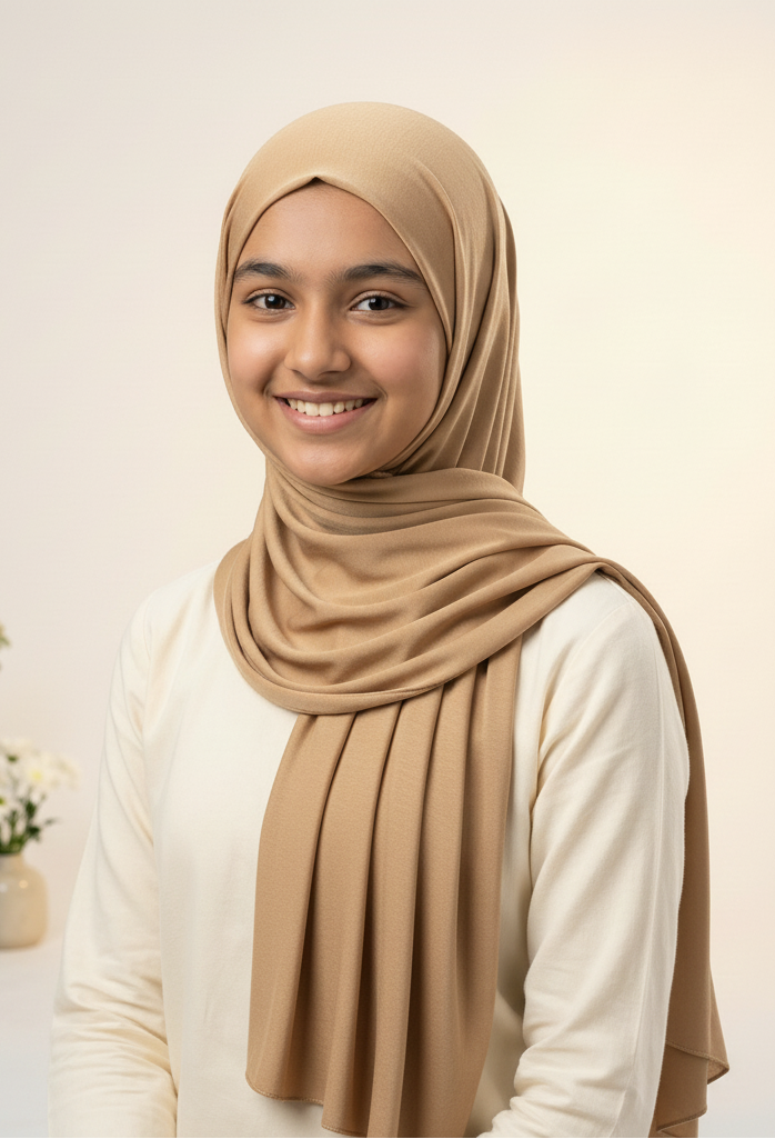 Tan hijab with coordinating dress