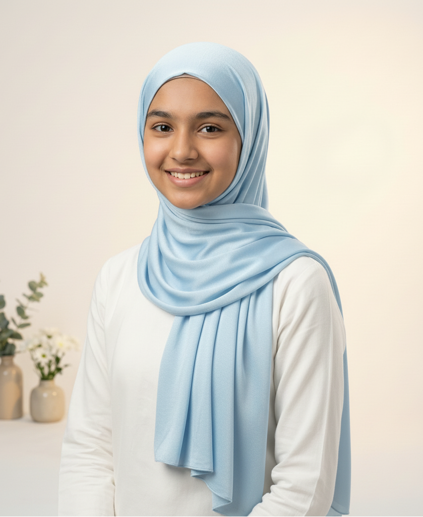 Very light sky blue icy blue hijab with coordinating dress