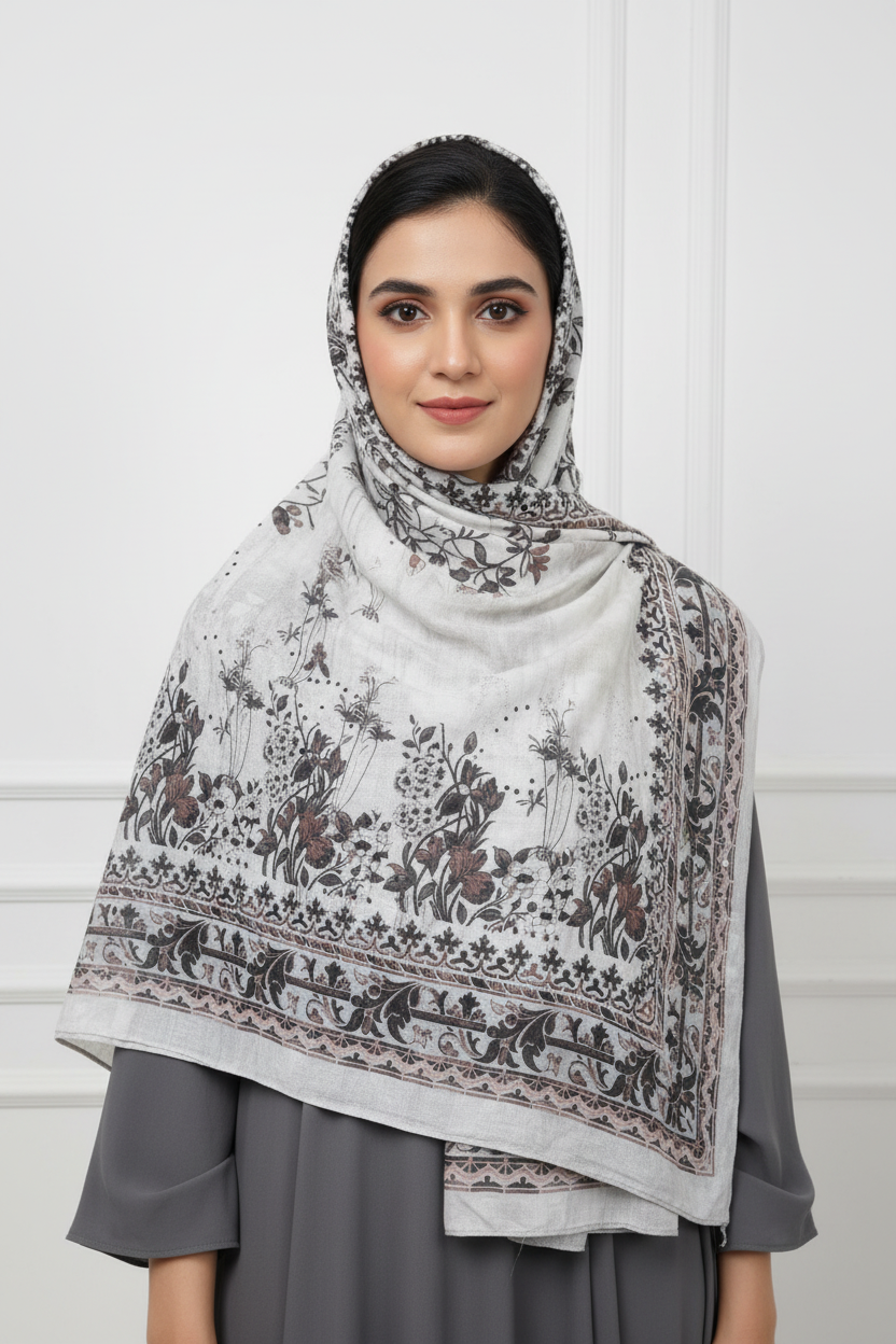 White cream embroidered hijab with coordinating dress